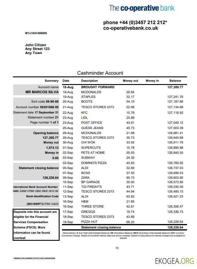 Royaume Uni Relevé bancaire de The Co operative au format Excel et PDF